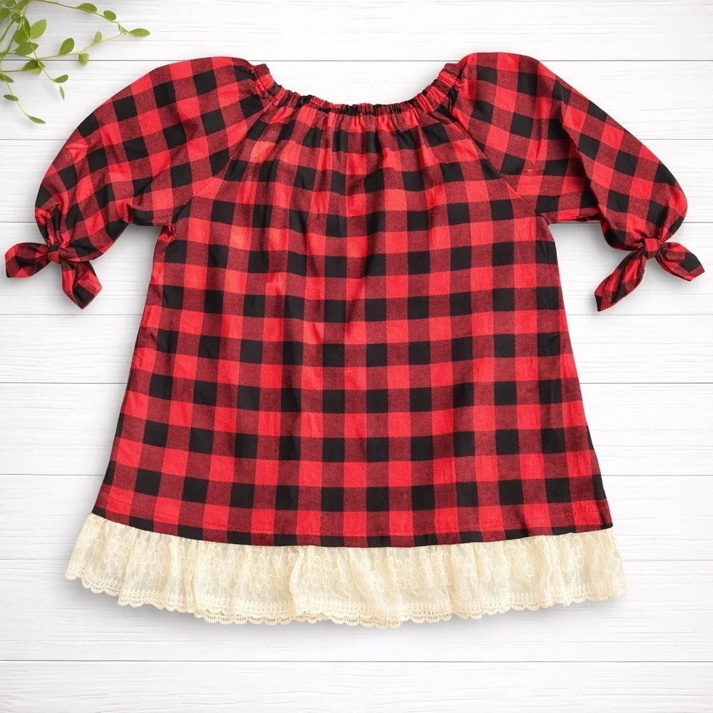 GoodLad- Black Plaid Dress with Lace Hem